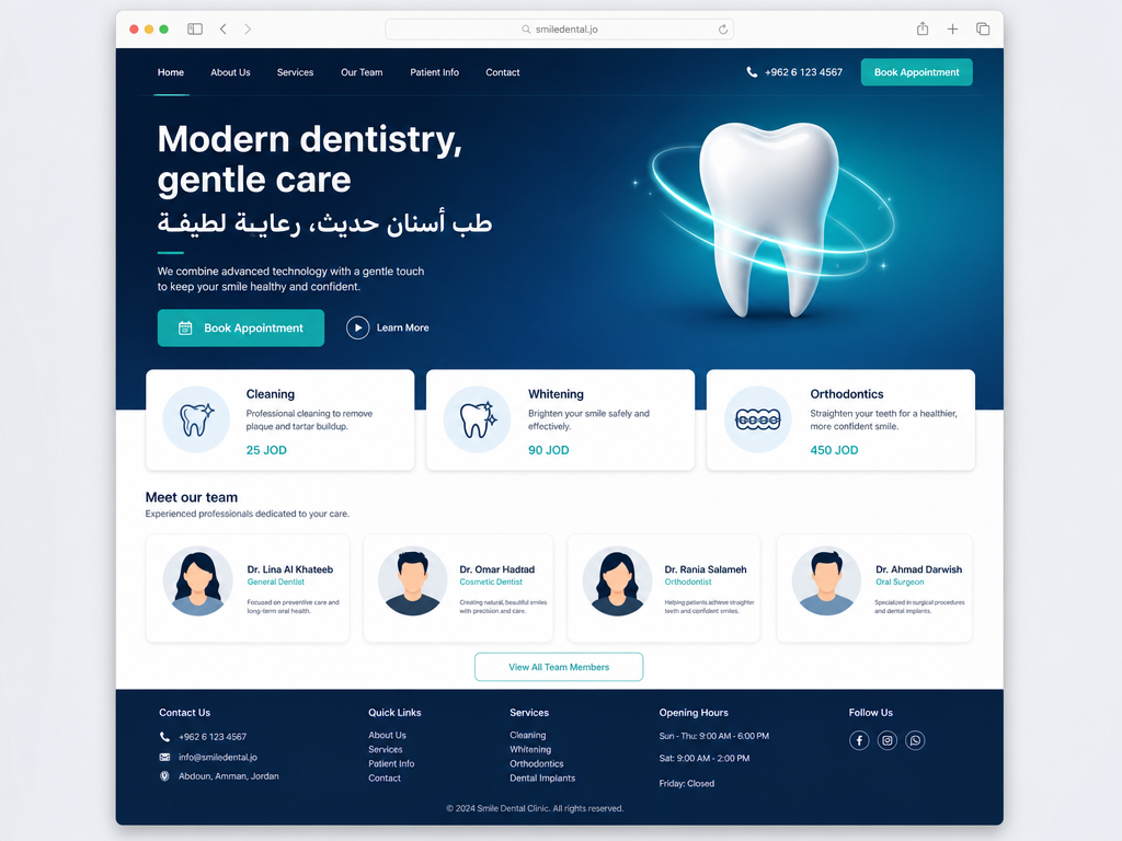 Clinic website landing page example with online booking, services and team
